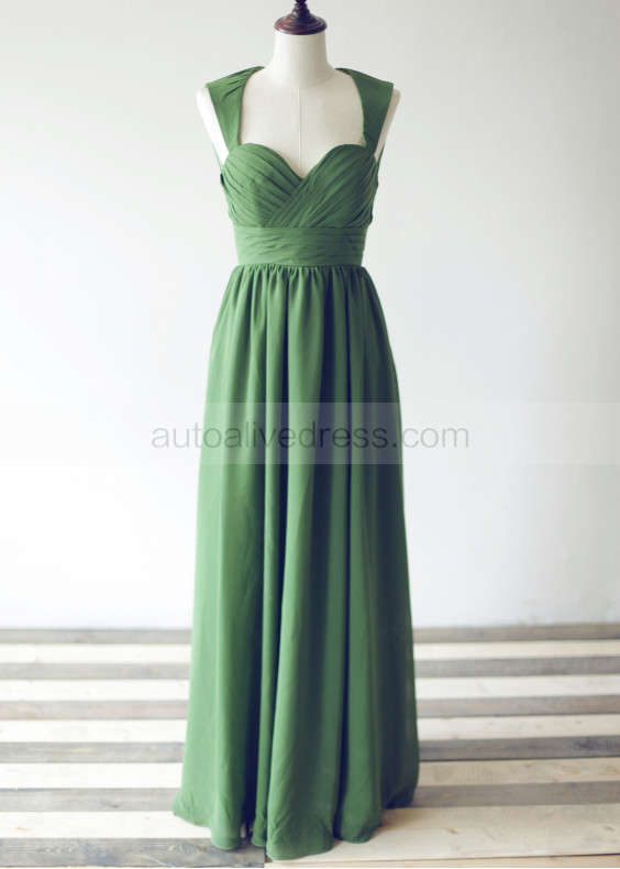 Olive Green Ruching Chiffon Heart Cut Back Floor Length Prom Dress